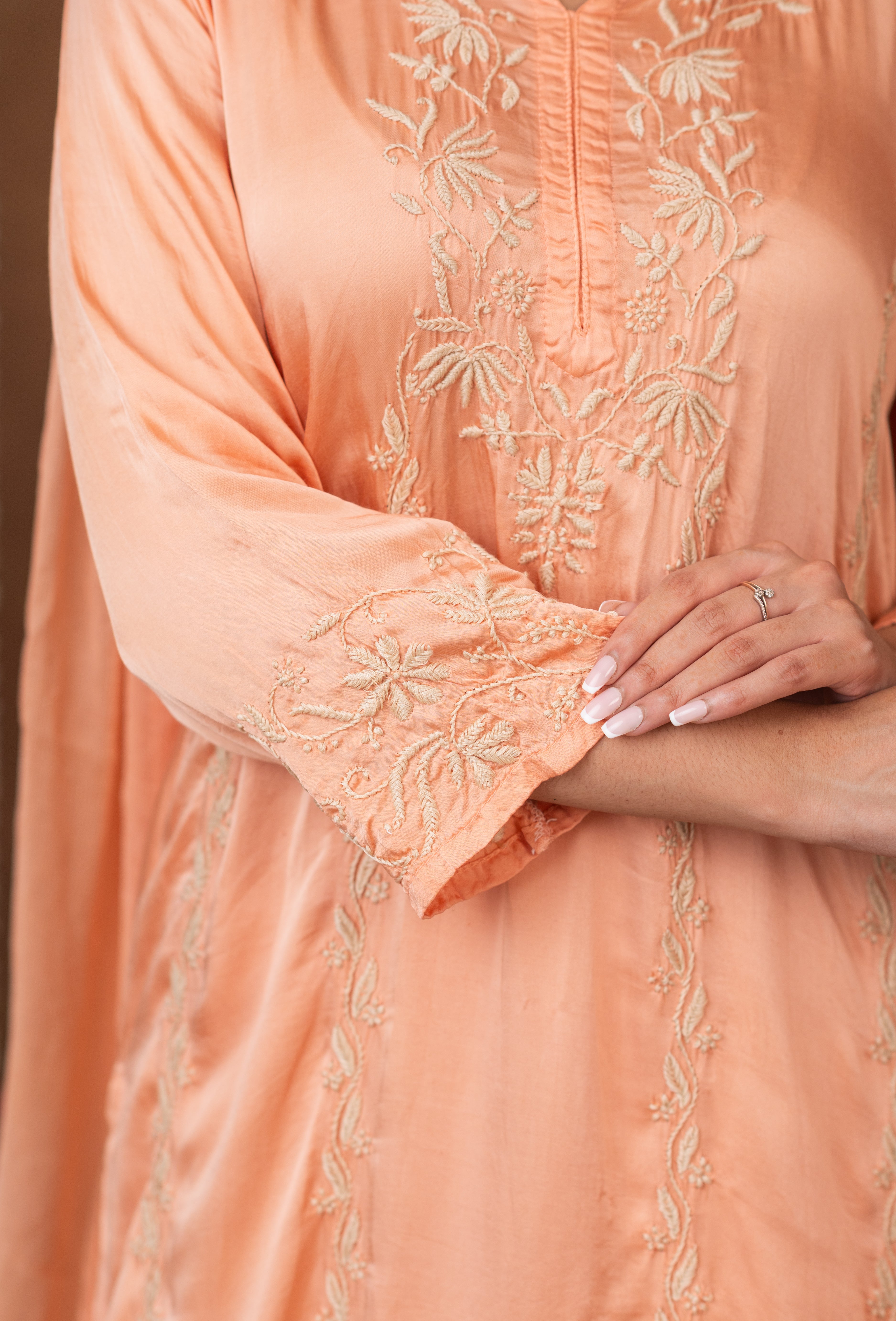Jashn Chikankari Peach Modal Satin 3 PC Kurta Set with Dupatta Gharana