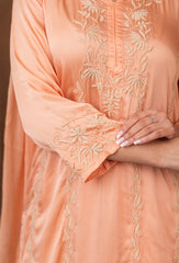 Jashn Chikankari Peach Modal Satin 3 PC Kurta Set with Dupatta Gharana