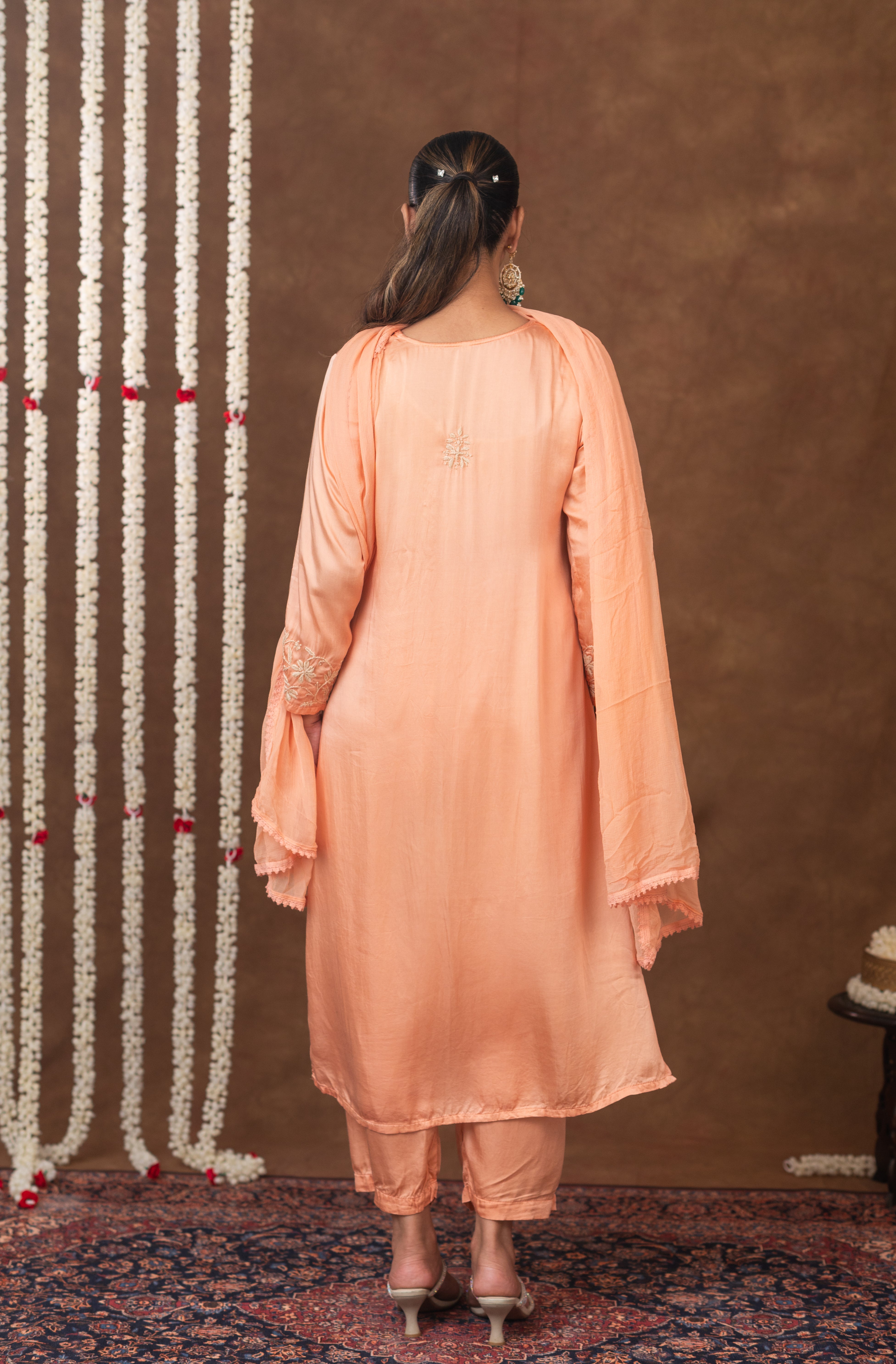 Jashn Chikankari Peach Modal Satin 3 PC Kurta Set with Dupatta Gharana