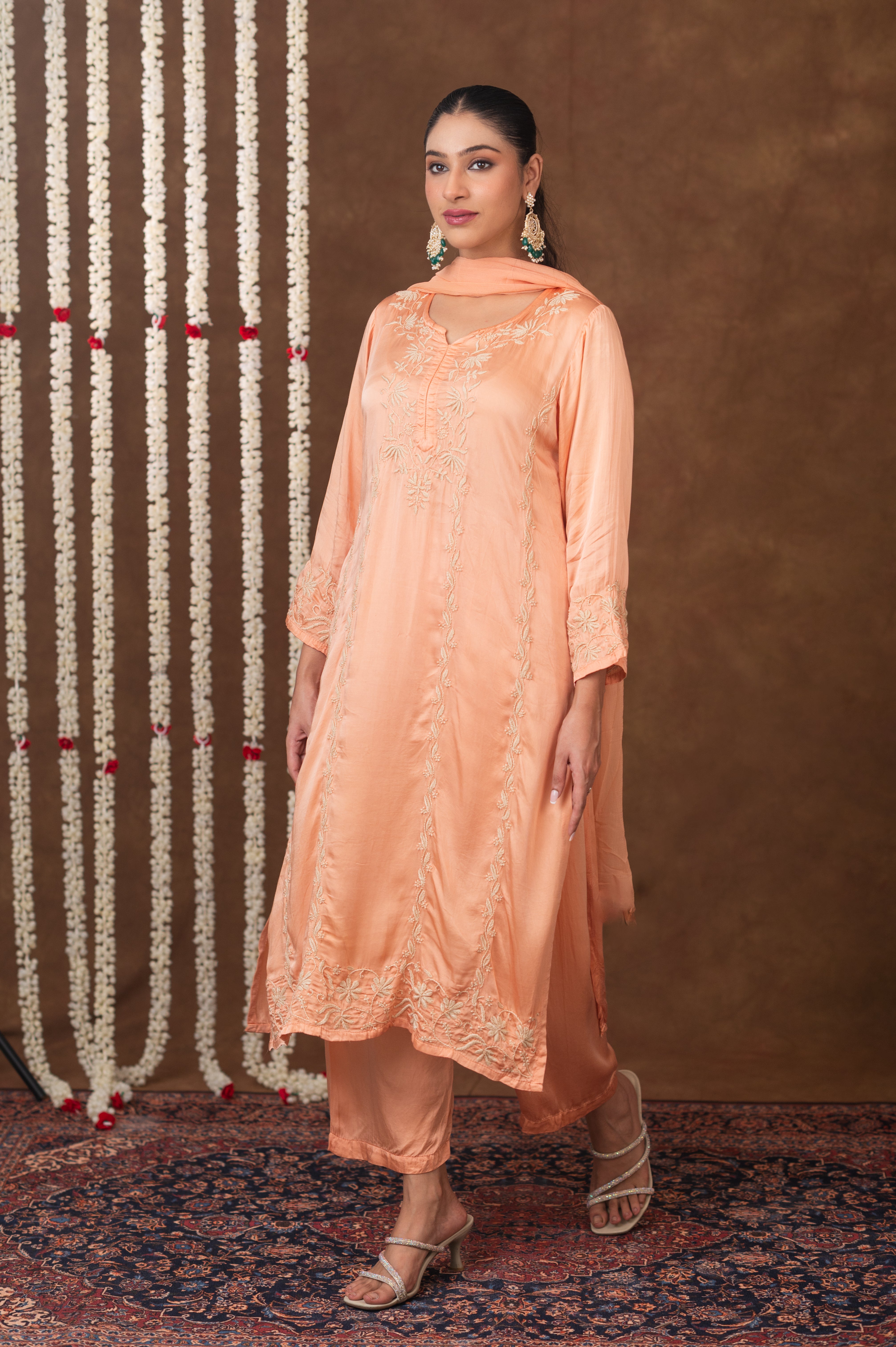 Jashn Chikankari Peach Modal Satin 3 PC Kurta Set with Dupatta Gharana