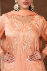 Jashn Chikankari Peach Modal Satin 3 PC Kurta Set with Dupatta Gharana