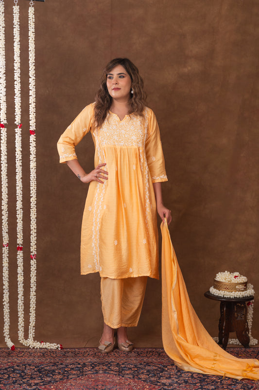 Jashn Chikankari Mustard Nyra Cut 3PC Kurta Set with Dupatta Gharana
