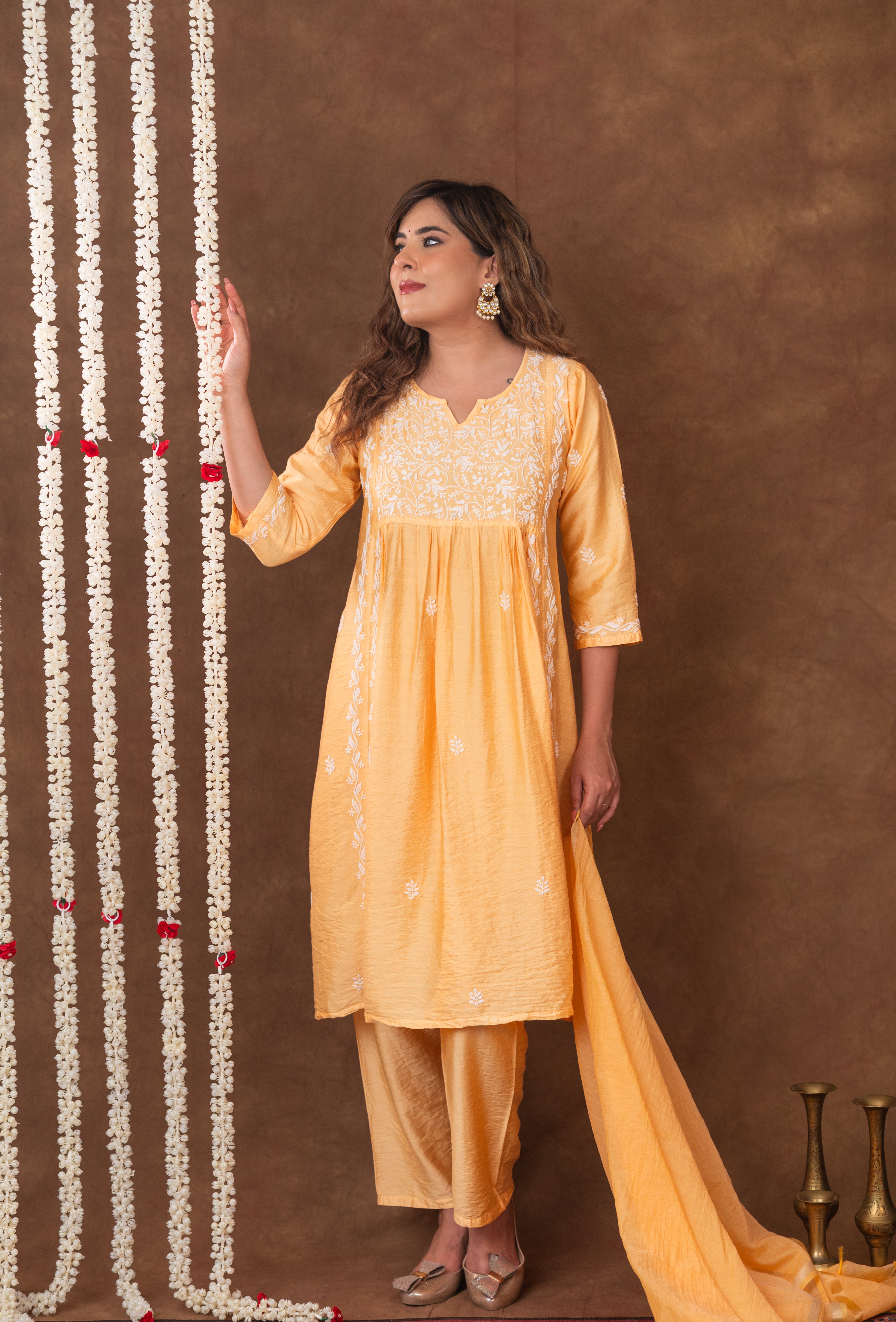 Jashn Chikankari Mustard Nyra Cut 3PC Kurta Set with Dupatta Gharana