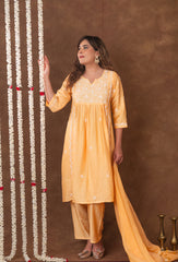 Jashn Chikankari Mustard Nyra Cut 3PC Kurta Set with Dupatta Gharana
