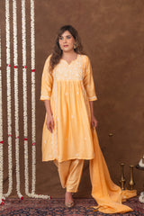 Jashn Chikankari Mustard Nyra Cut 3PC Kurta Set with Dupatta Gharana