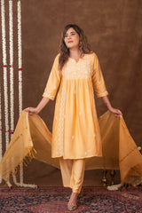 Jashn Chikankari Mustard Nyra Cut 3PC Kurta Set with Dupatta Gharana