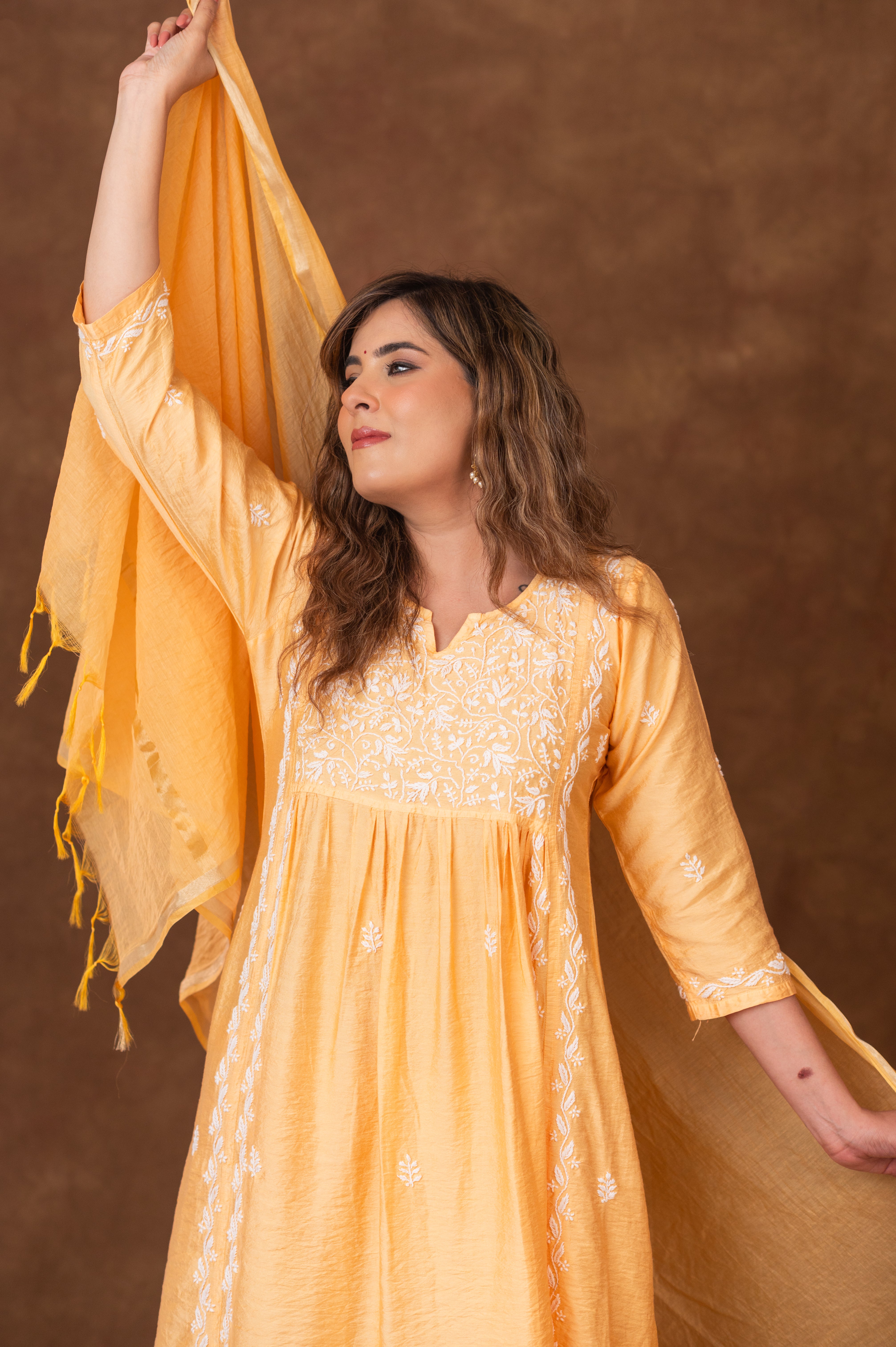 Jashn Chikankari Mustard Nyra Cut 3PC Kurta Set with Dupatta Gharana