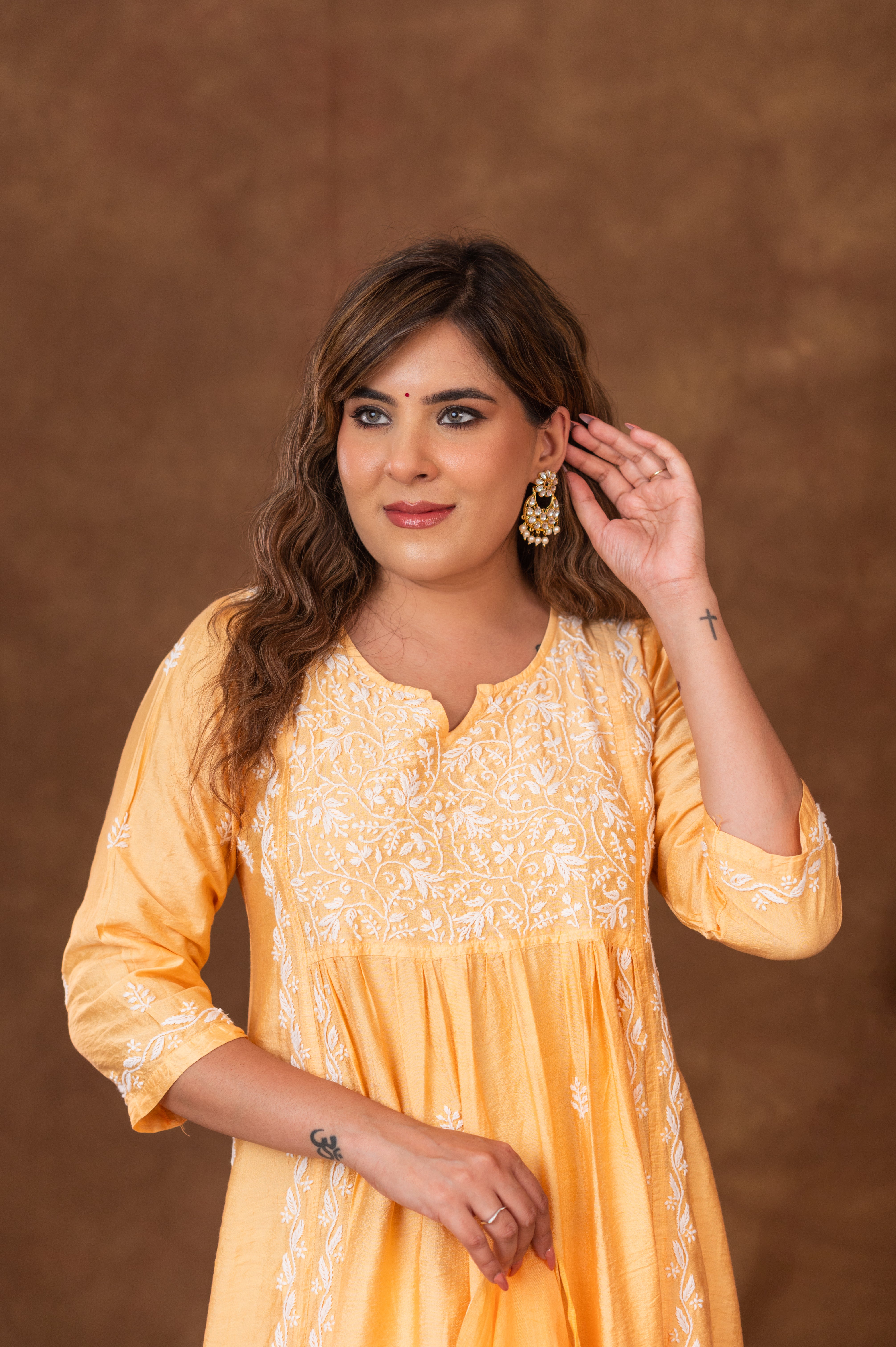 Jashn Chikankari Mustard Nyra Cut 3PC Kurta Set with Dupatta Gharana