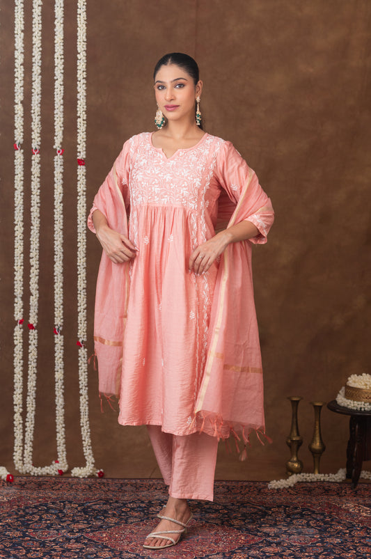 Jashn Chikankari Old Rose Nyra Cut 3PC Kurta Set with Dupatta Gharana