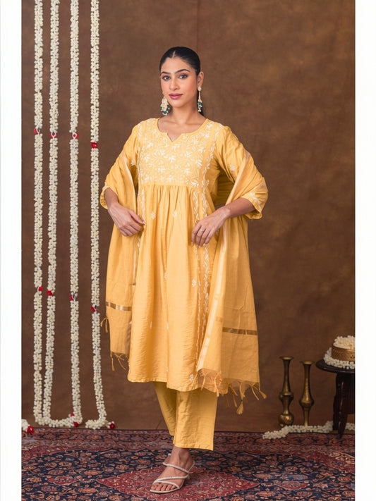 Jashn Chikankari Mustard Nyra Cut 3PC Kurta Set with Dupatta Gharana