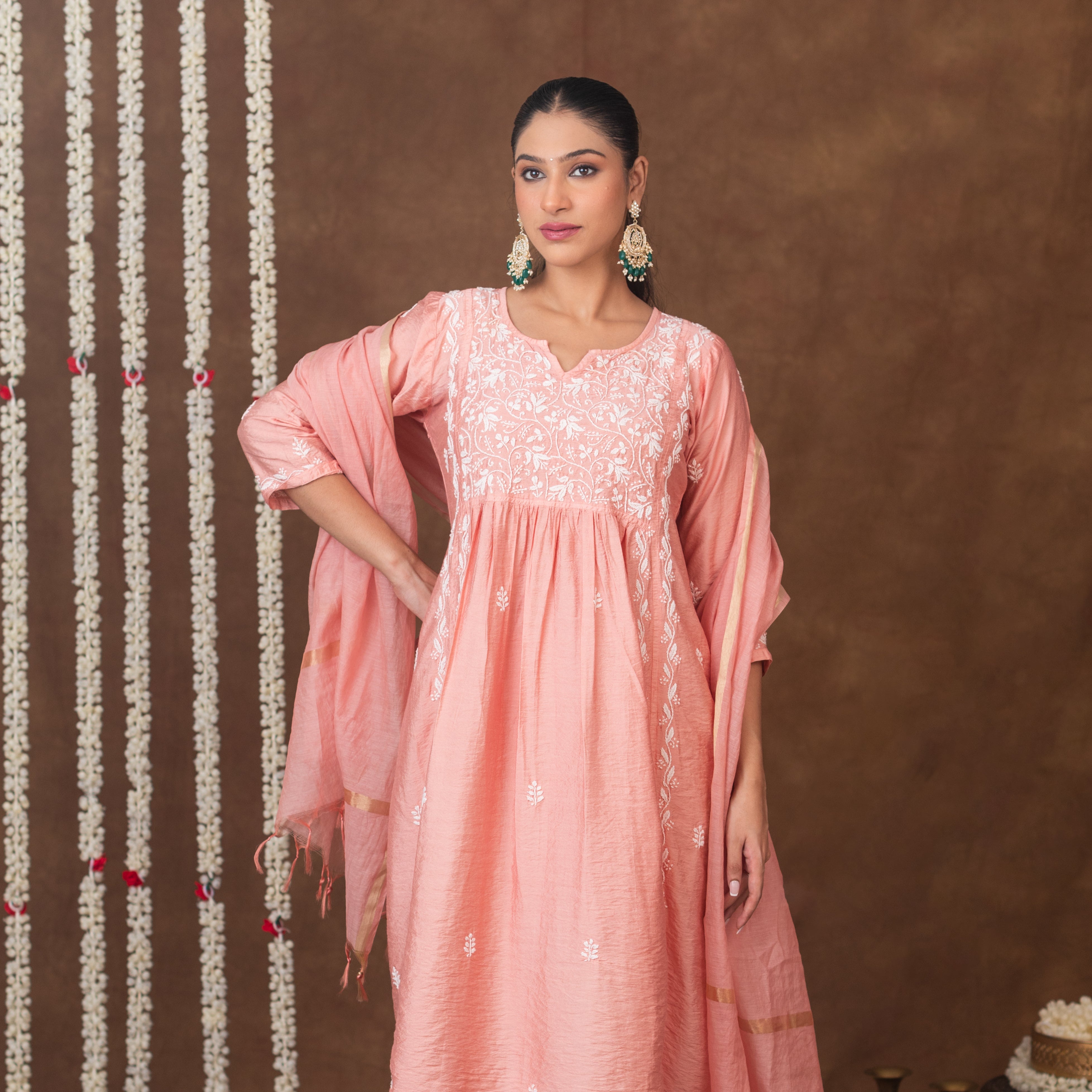 Jashn Chikankari Old Rose Nyra Cut 3PC Kurta Set with Dupatta Gharana