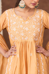 Jashn Chikankari Mustard Nyra Cut 3PC Kurta Set with Dupatta Gharana