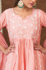 Jashn Chikankari Old Rose Nyra Cut 3PC Kurta Set with Dupatta Gharana