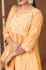 Jashn Chikankari Mustard Nyra Cut 3PC Kurta Set with Dupatta Gharana