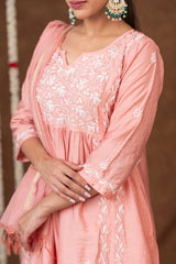 Jashn Chikankari Old Rose Nyra Cut 3PC Kurta Set with Dupatta Gharana