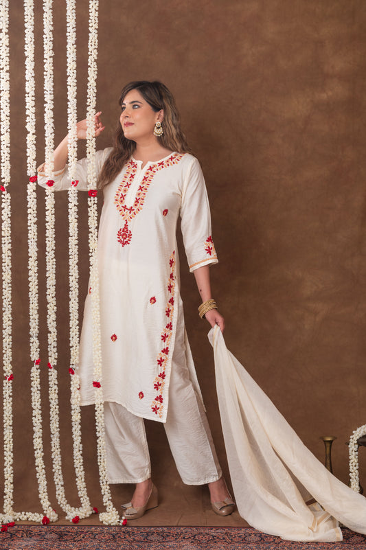 Jashn Chikankari Ivory 3PC Chanderi Silk kurta Set with Dupatta Gharana