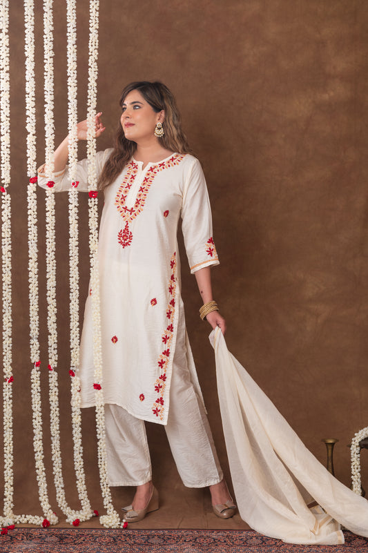 Jashn Chikankari Ivory 3PC Chanderi Silk kurta Set with Dupatta