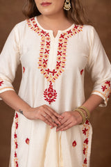 Jashn Chikankari Ivory 3PC Chanderi Silk kurta Set with Dupatta Gharana