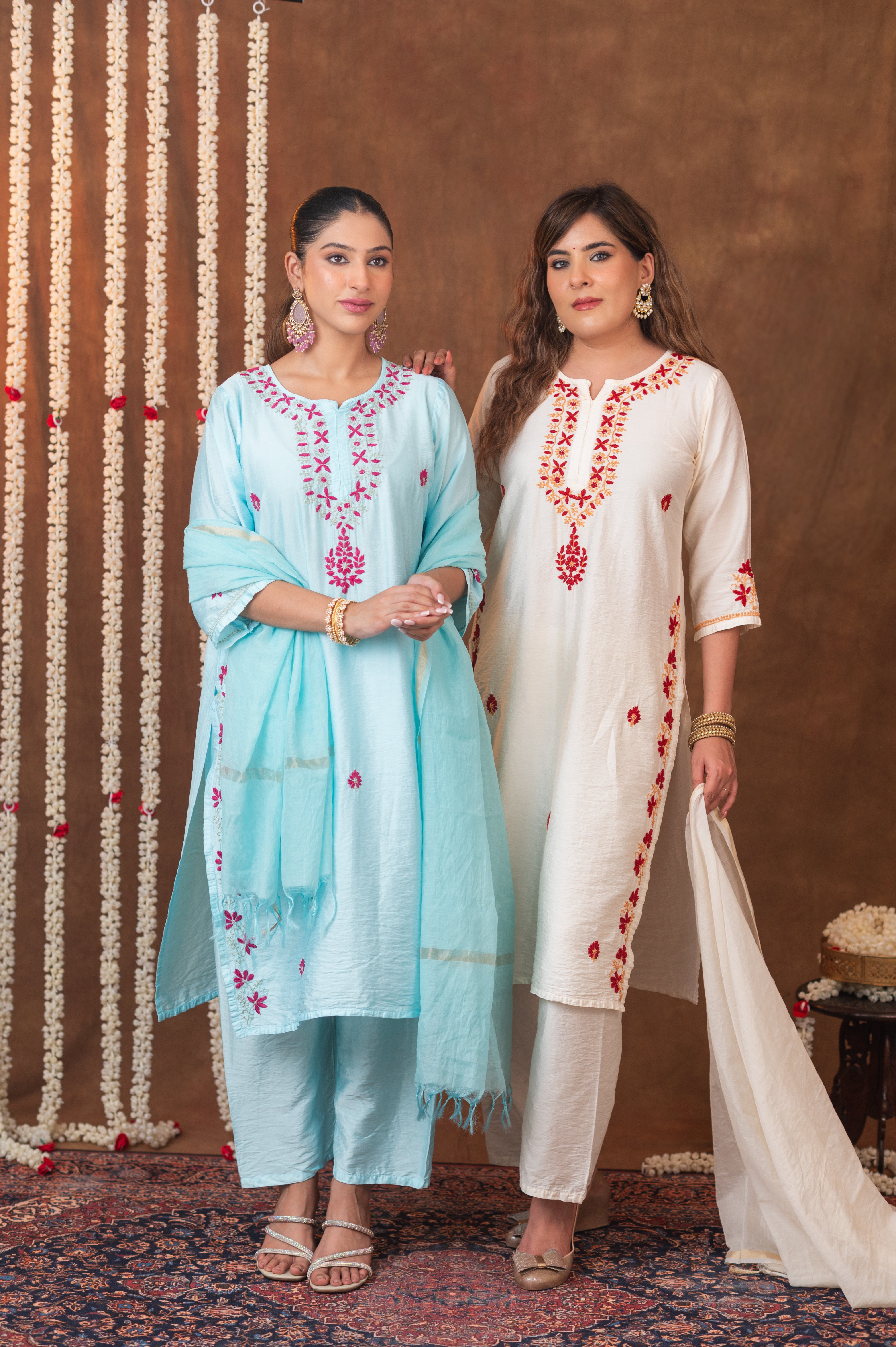 Jashn Chikankari Powder Blue 3PC Chanderi Silk kurta Set with Dupatta Gharana