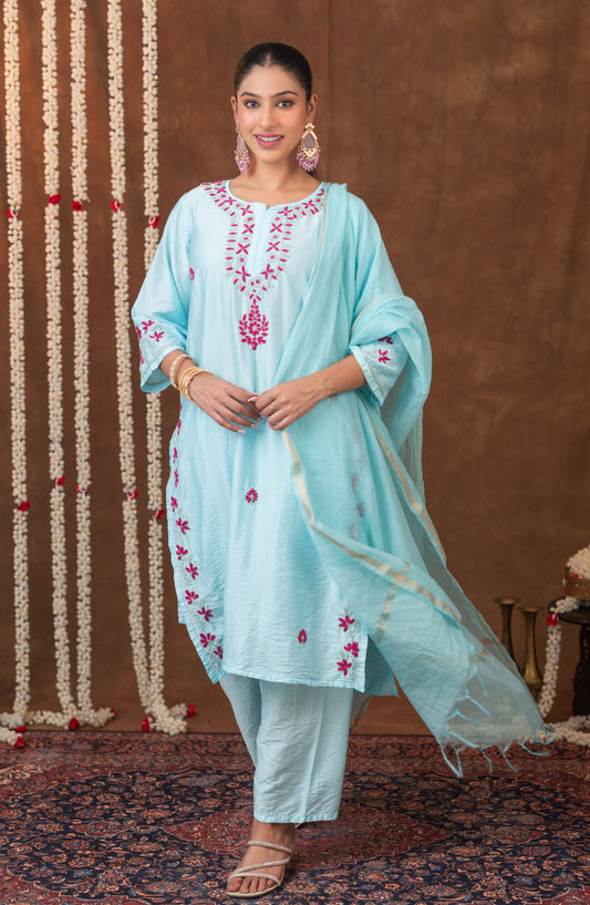 Jashn Chikankari Powder Blue 3PC Chanderi Silk kurta Set with Dupatta Gharana