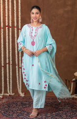 Jashn Chikankari Powder Blue 3PC Chanderi Silk kurta Set with Dupatta Gharana