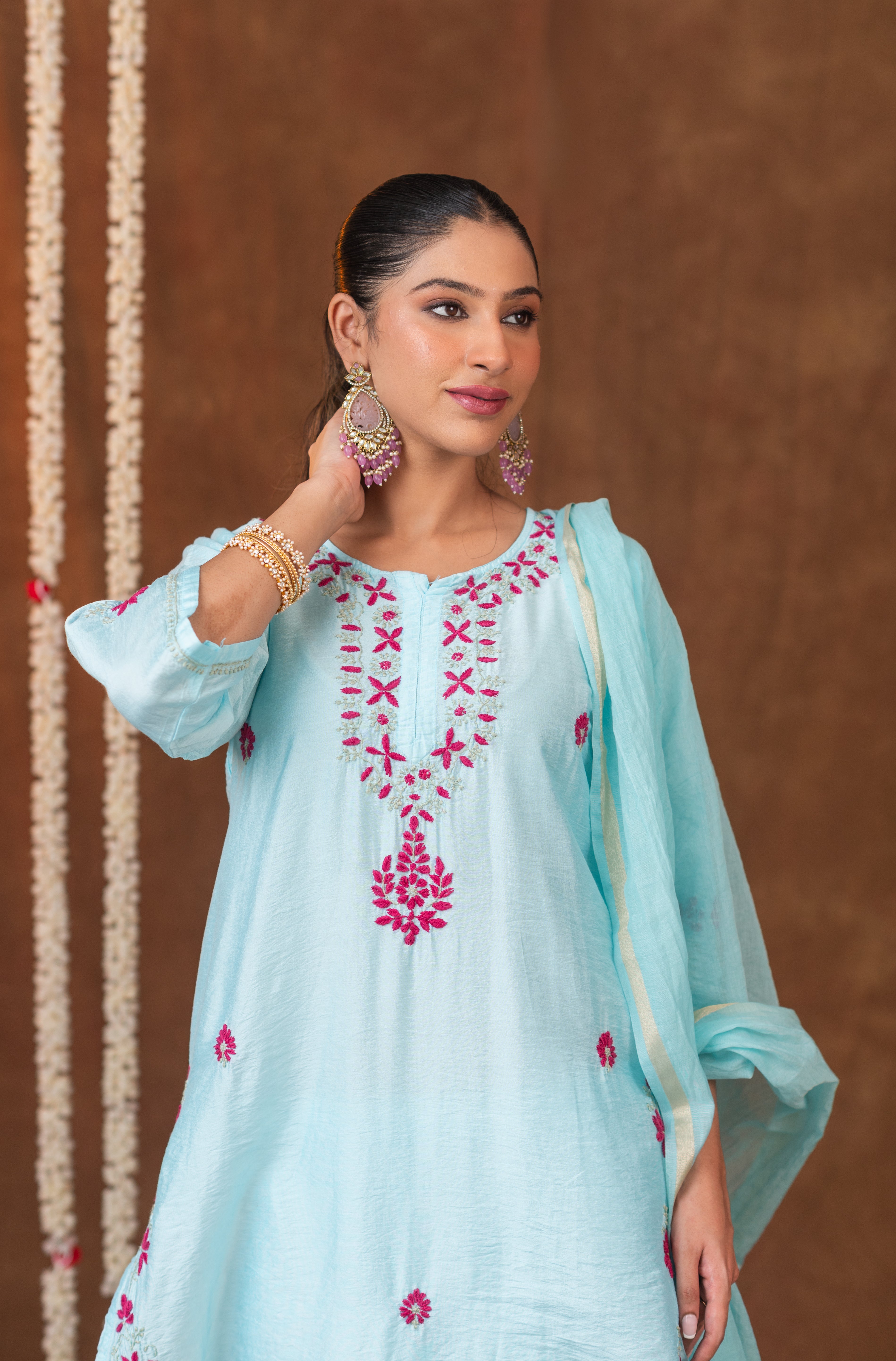 Jashn Chikankari Powder Blue 3PC Chanderi Silk kurta Set with Dupatta Gharana