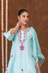 Jashn Chikankari Powder Blue 3PC Chanderi Silk kurta Set with Dupatta Gharana