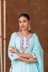 Jashn Chikankari Powder Blue 3PC Chanderi Silk kurta Set with Dupatta Gharana