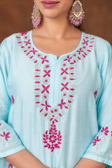 Jashn Chikankari Powder Blue 3PC Chanderi Silk kurta Set with Dupatta Gharana