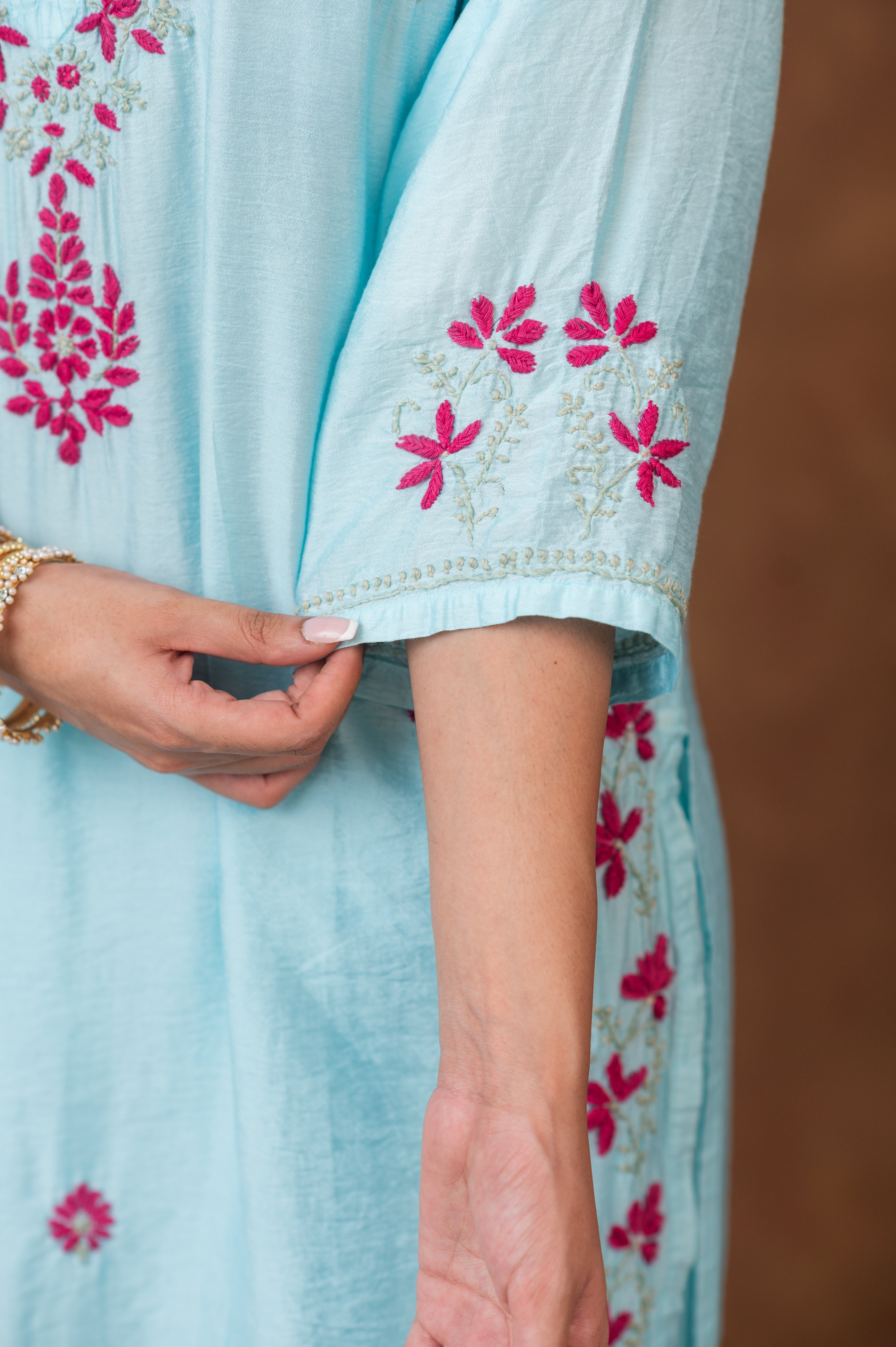Jashn Chikankari Powder Blue 3PC Chanderi Silk kurta Set with Dupatta Gharana