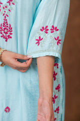Jashn Chikankari Powder Blue 3PC Chanderi Silk kurta Set with Dupatta Gharana