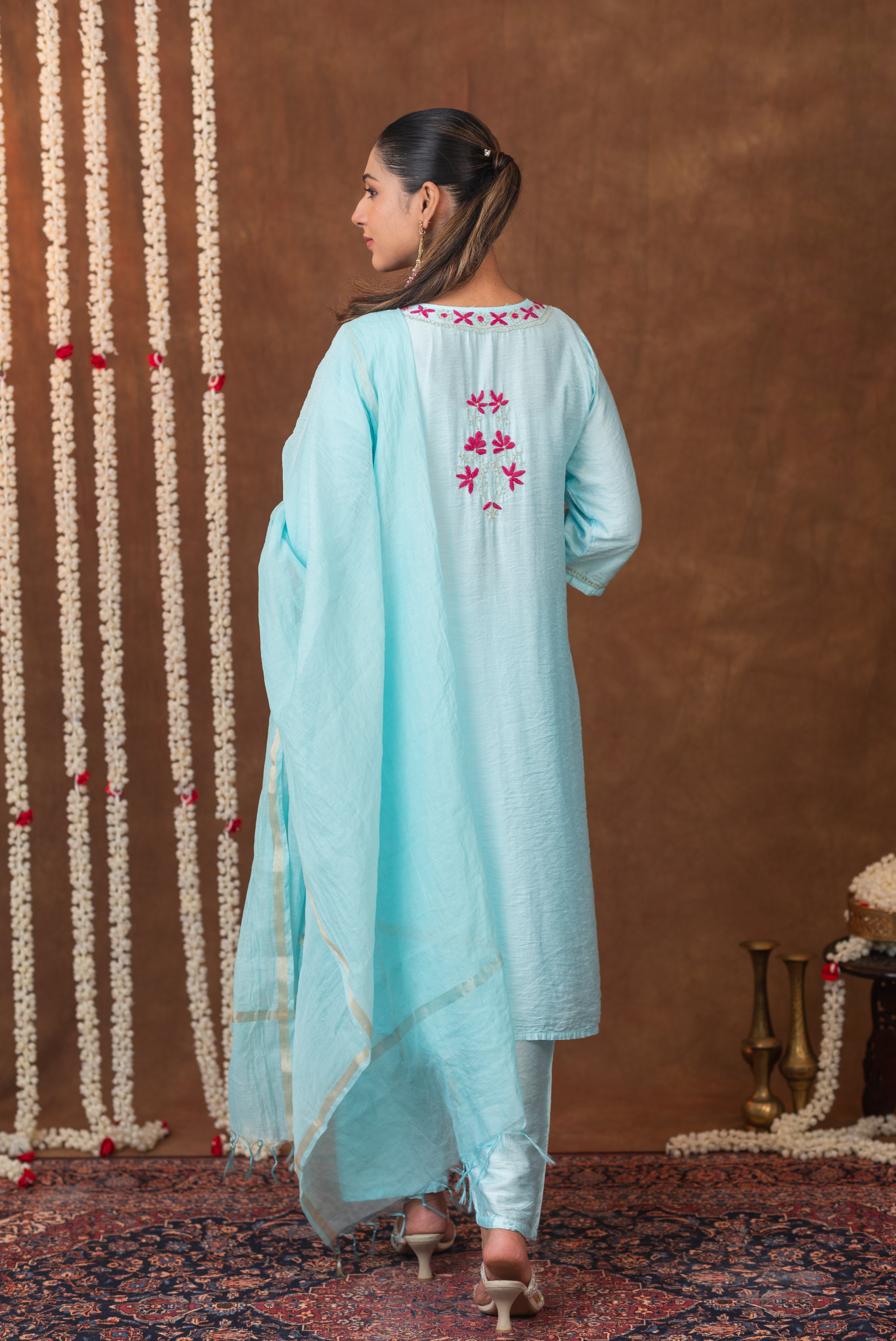 Jashn Chikankari Powder Blue 3PC Chanderi Silk kurta Set with Dupatta Gharana