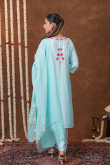 Jashn Chikankari Powder Blue 3PC Chanderi Silk kurta Set with Dupatta Gharana