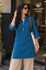 Aira Cobalt Blue Cotton Slub Kurta Set with Gold Checked Salwar
