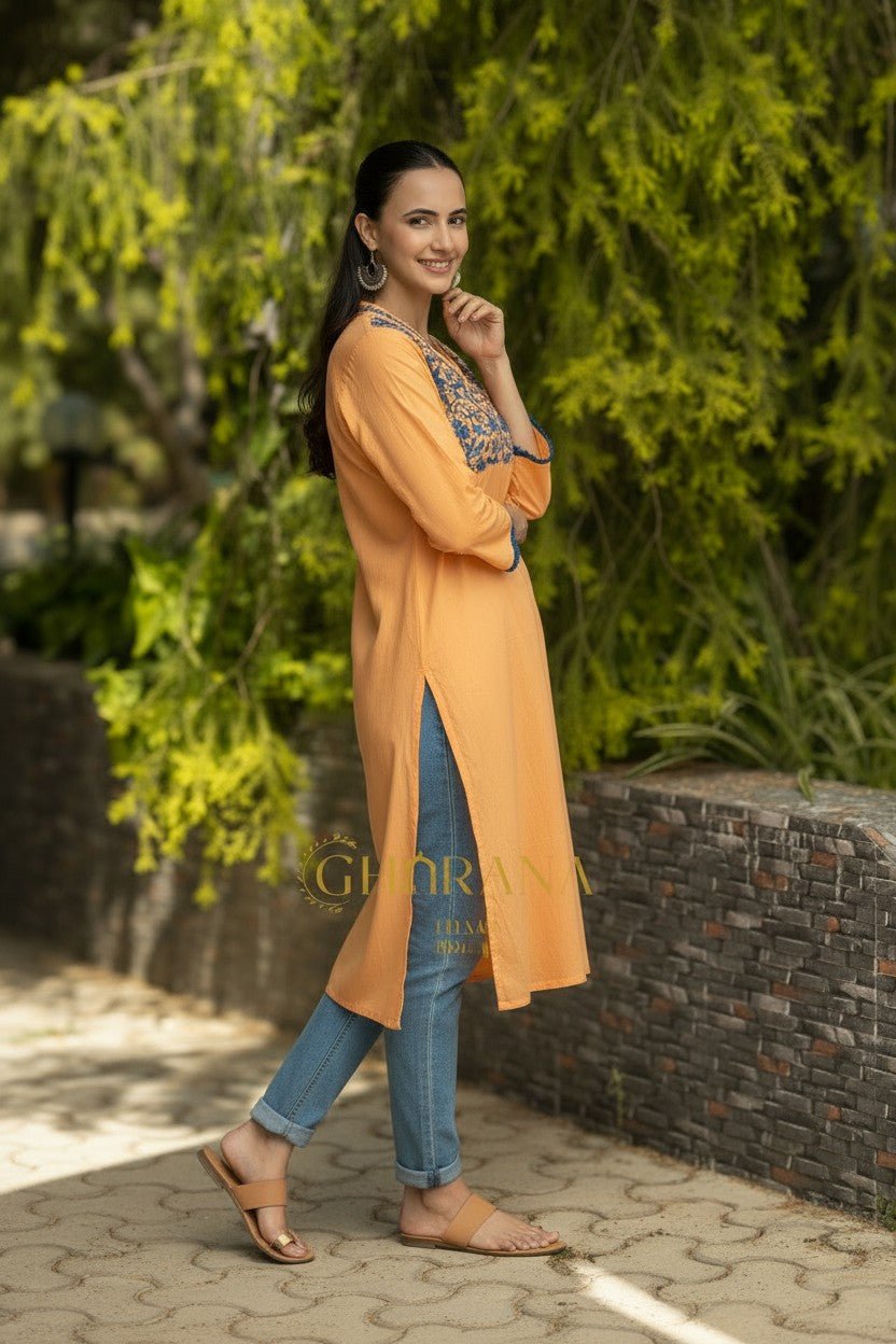 Ishq Mul Cotton Blush Orange fine chikankari Kurta in blue thread Gharana