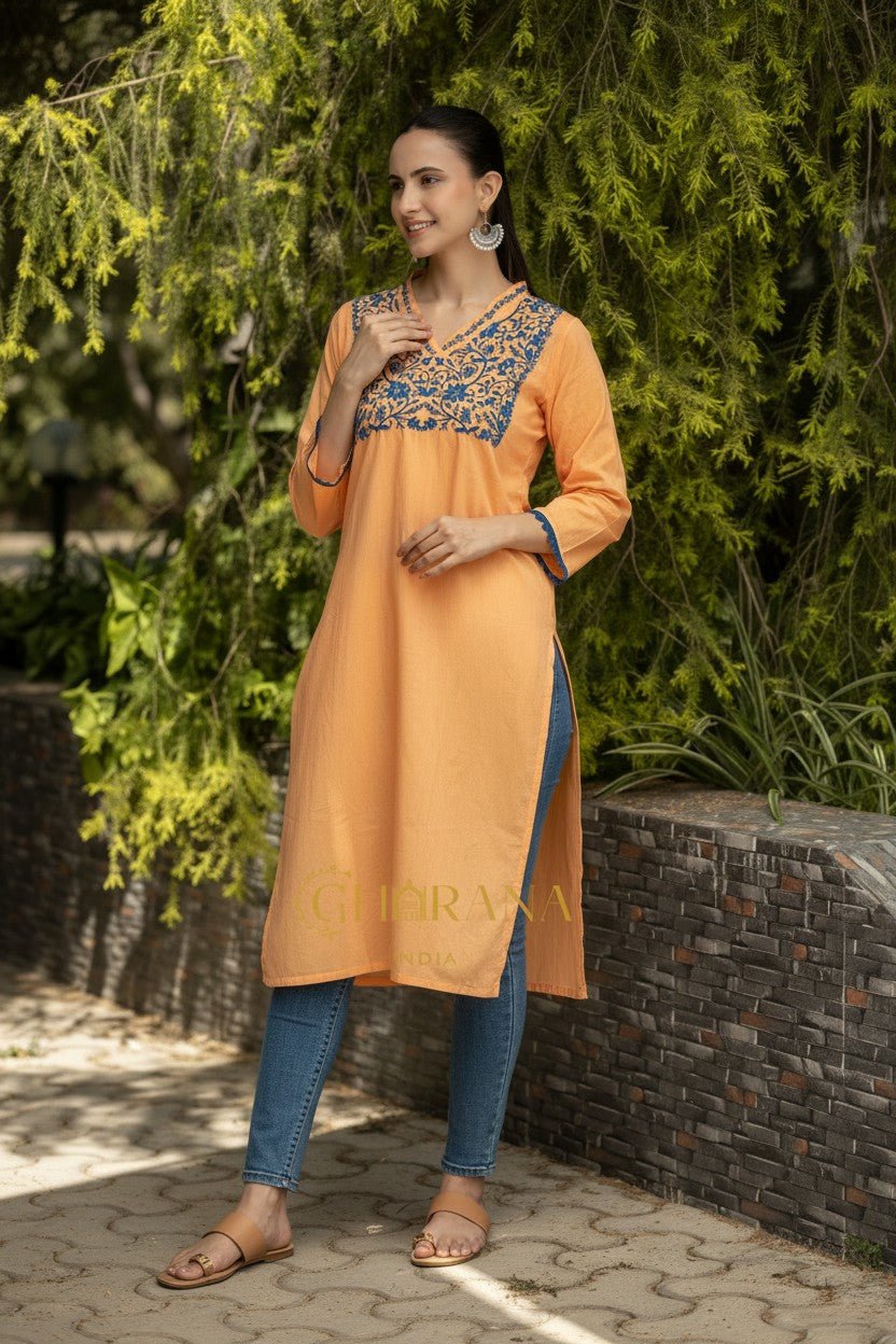 Ishq Mul Cotton Blush Orange fine chikankari Kurta in blue thread Gharana
