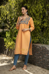 Ishq Mul Cotton Blush Orange fine chikankari Kurta in blue thread Gharana