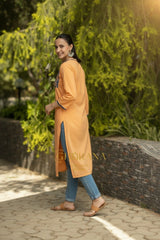 Ishq Mul Cotton Blush Orange fine chikankari Kurta in blue thread Gharana