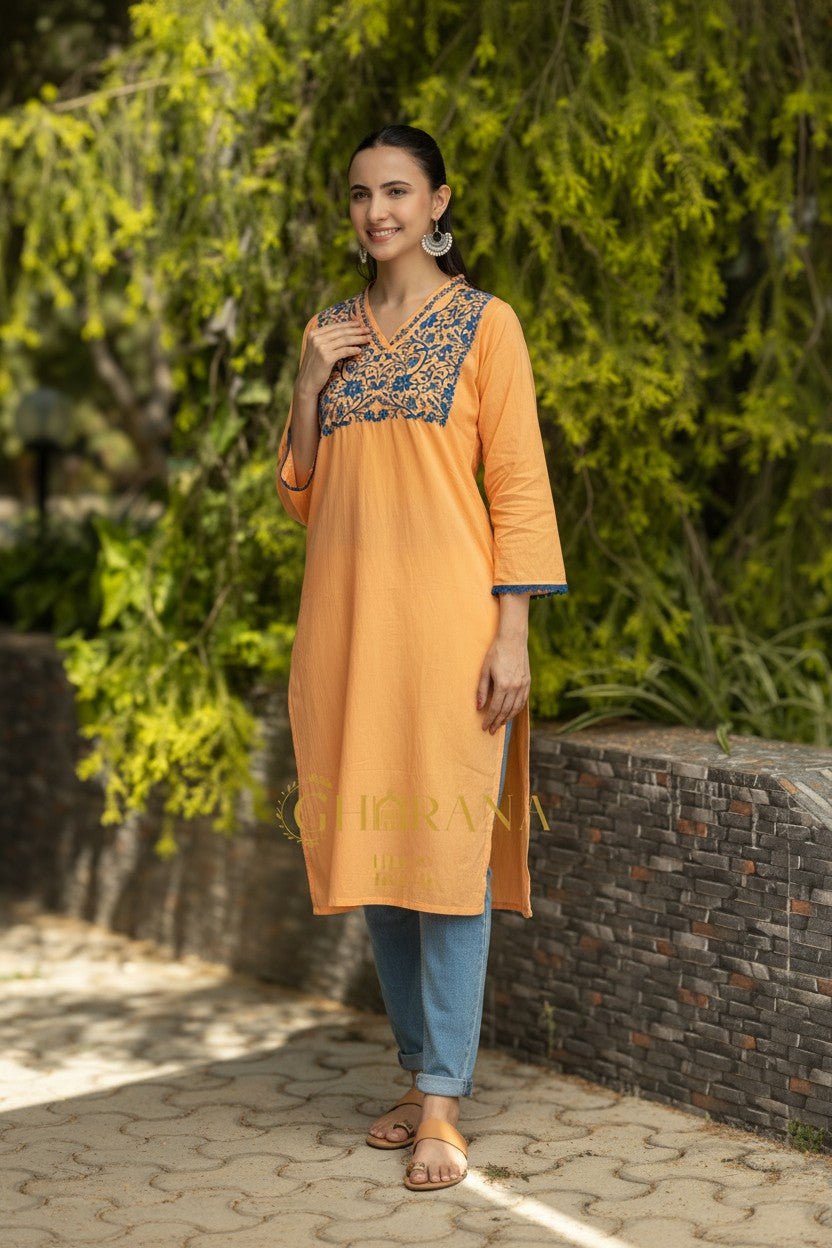 Ishq Mul Cotton Blush Orange fine chikankari Kurta in blue thread Gharana