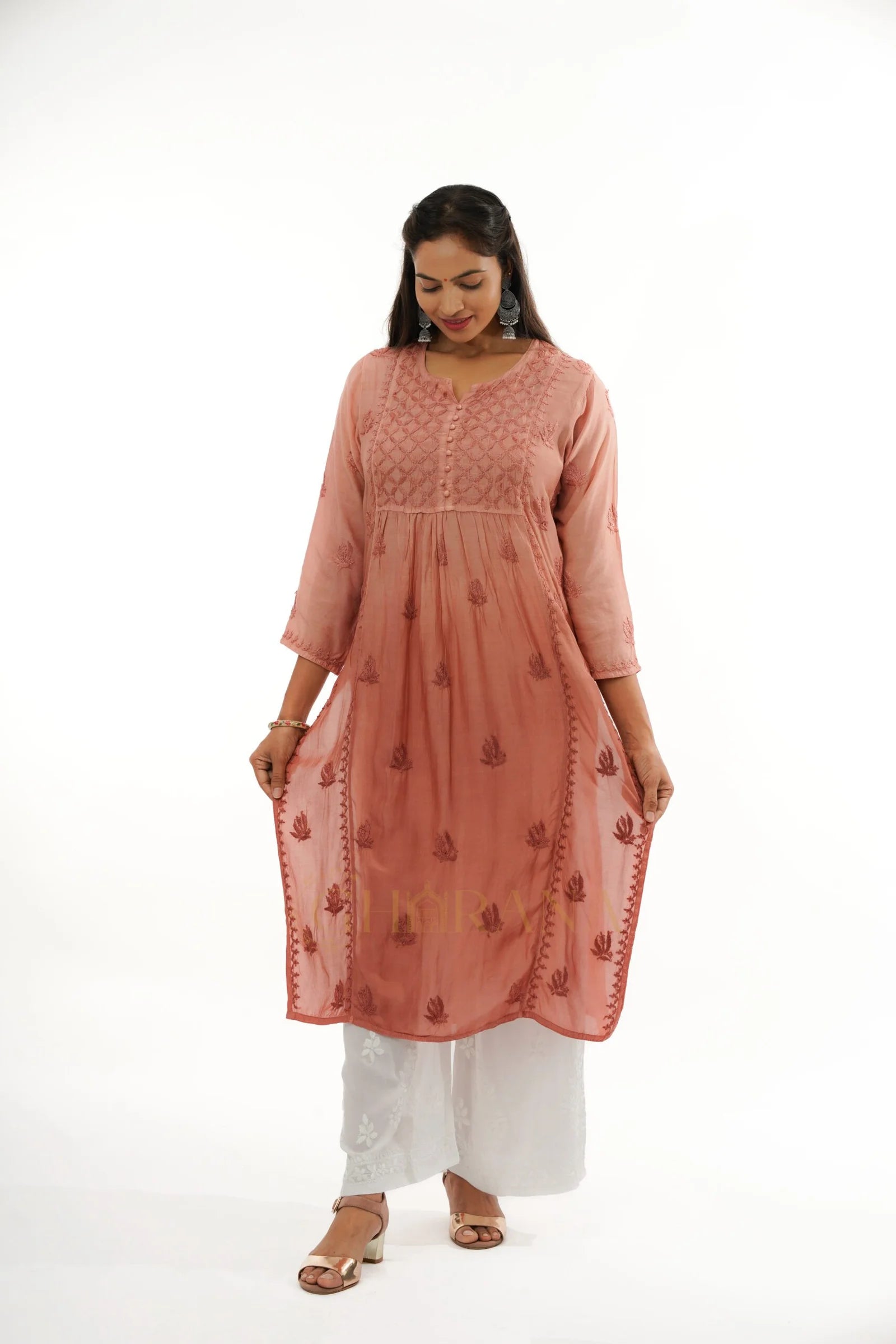 Ishani Chikankari Muslin Naira cut Kurta – Blush Pink Gharana