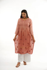 Ishani Chikankari Muslin Naira cut Kurta – Blush Pink Gharana