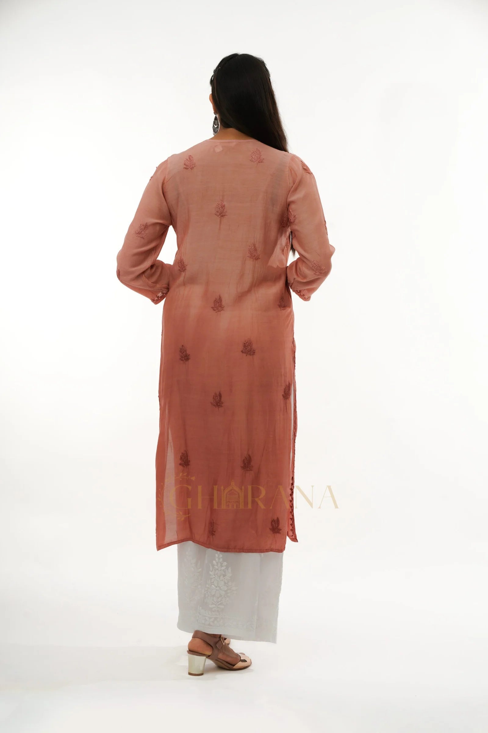 Ishani Chikankari Muslin Naira cut Kurta – Blush Pink Gharana
