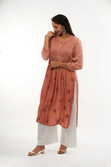 Ishani Chikankari Muslin Naira cut Kurta – Blush Pink Gharana