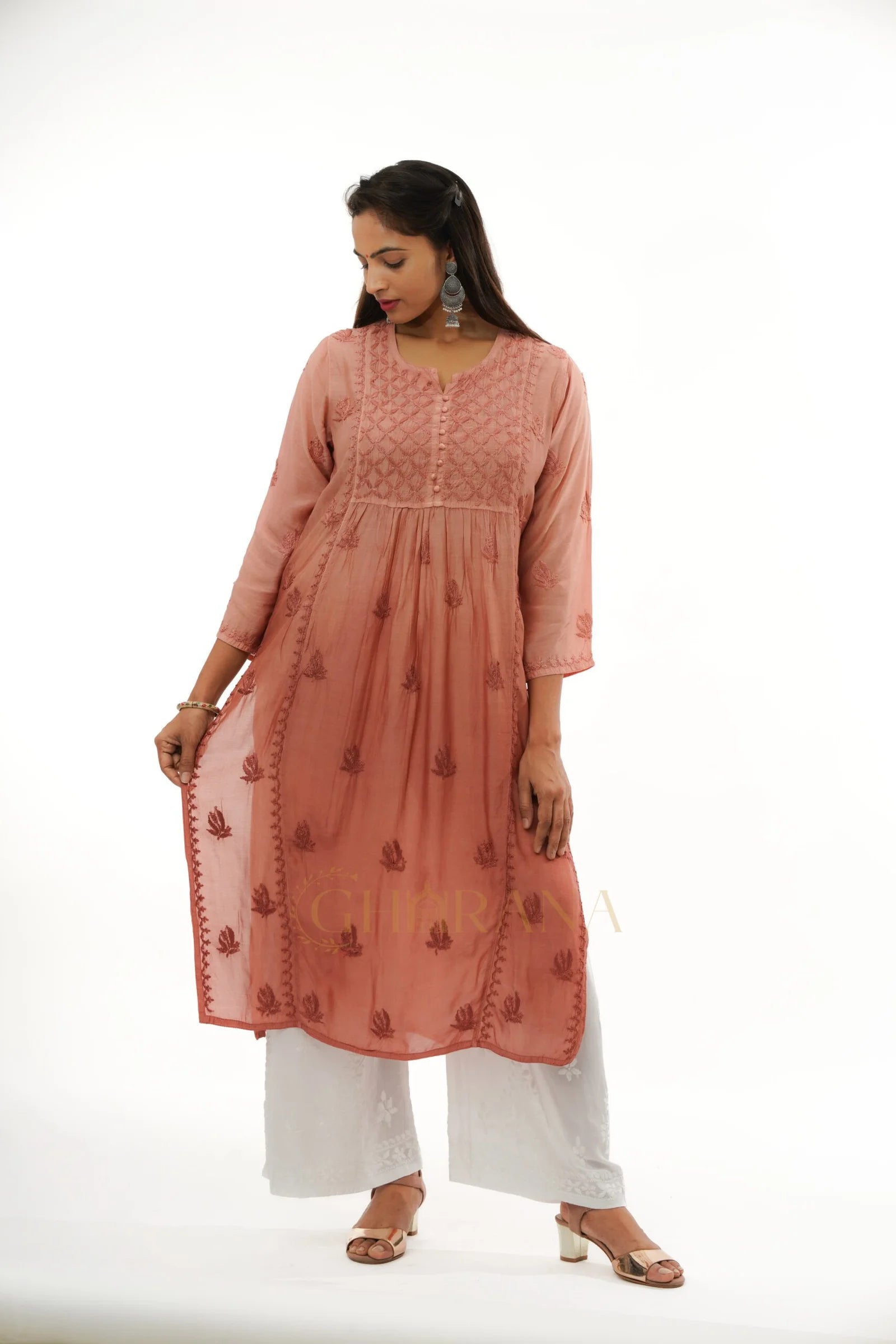 Ishani Chikankari Muslin Naira cut Kurta – Blush Pink Gharana