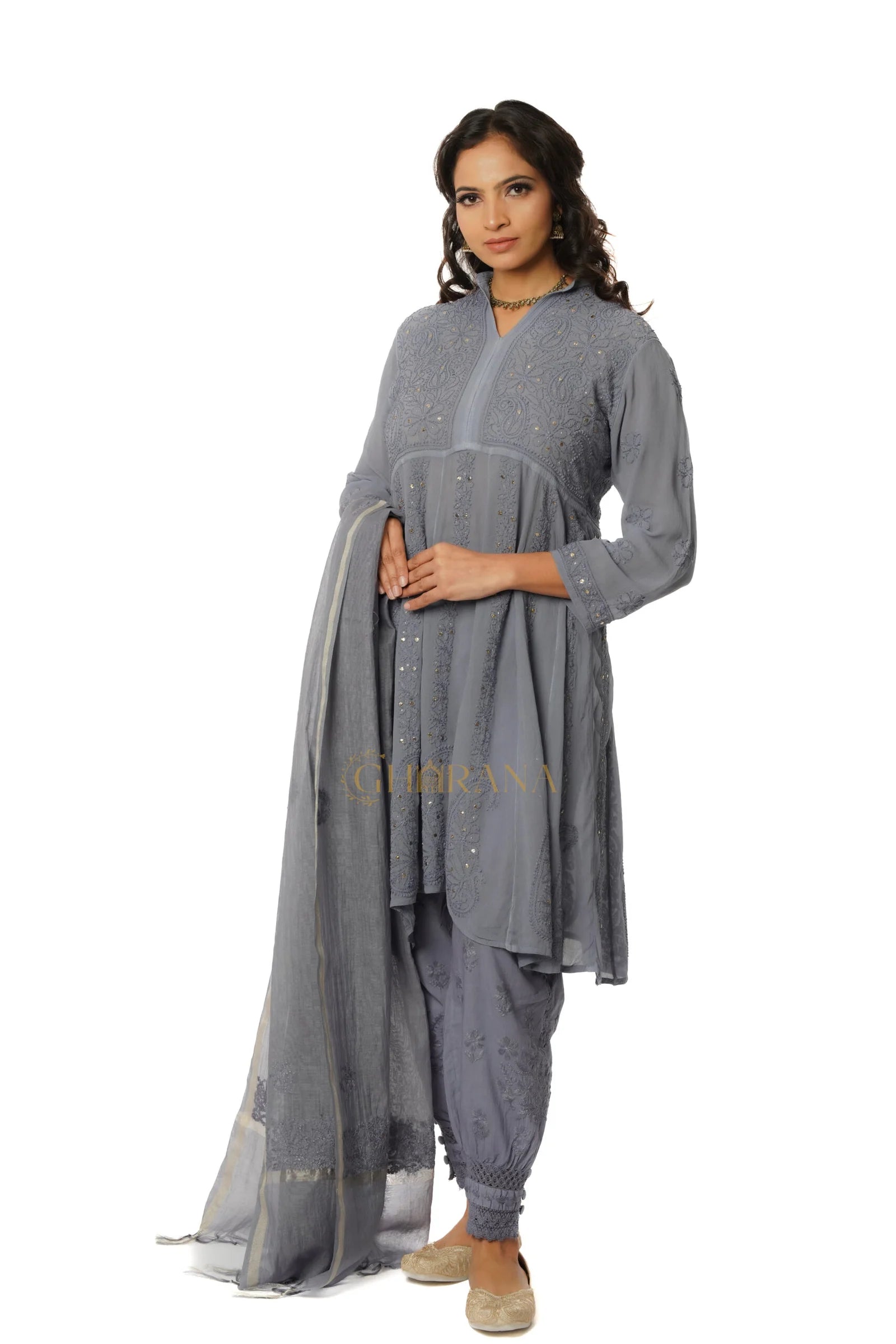 Georgette Chikankari Kurta with Afgani Pant and Dupatta – Grey Gharana
