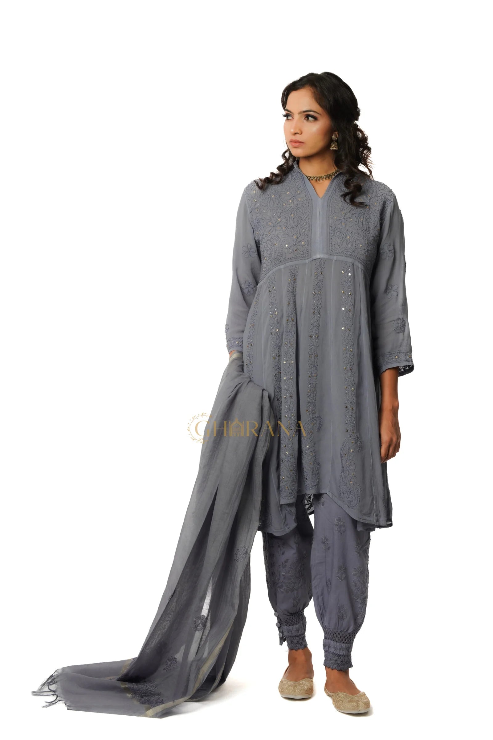Georgette Chikankari Kurta with Afgani Pant and Dupatta – Grey Gharana