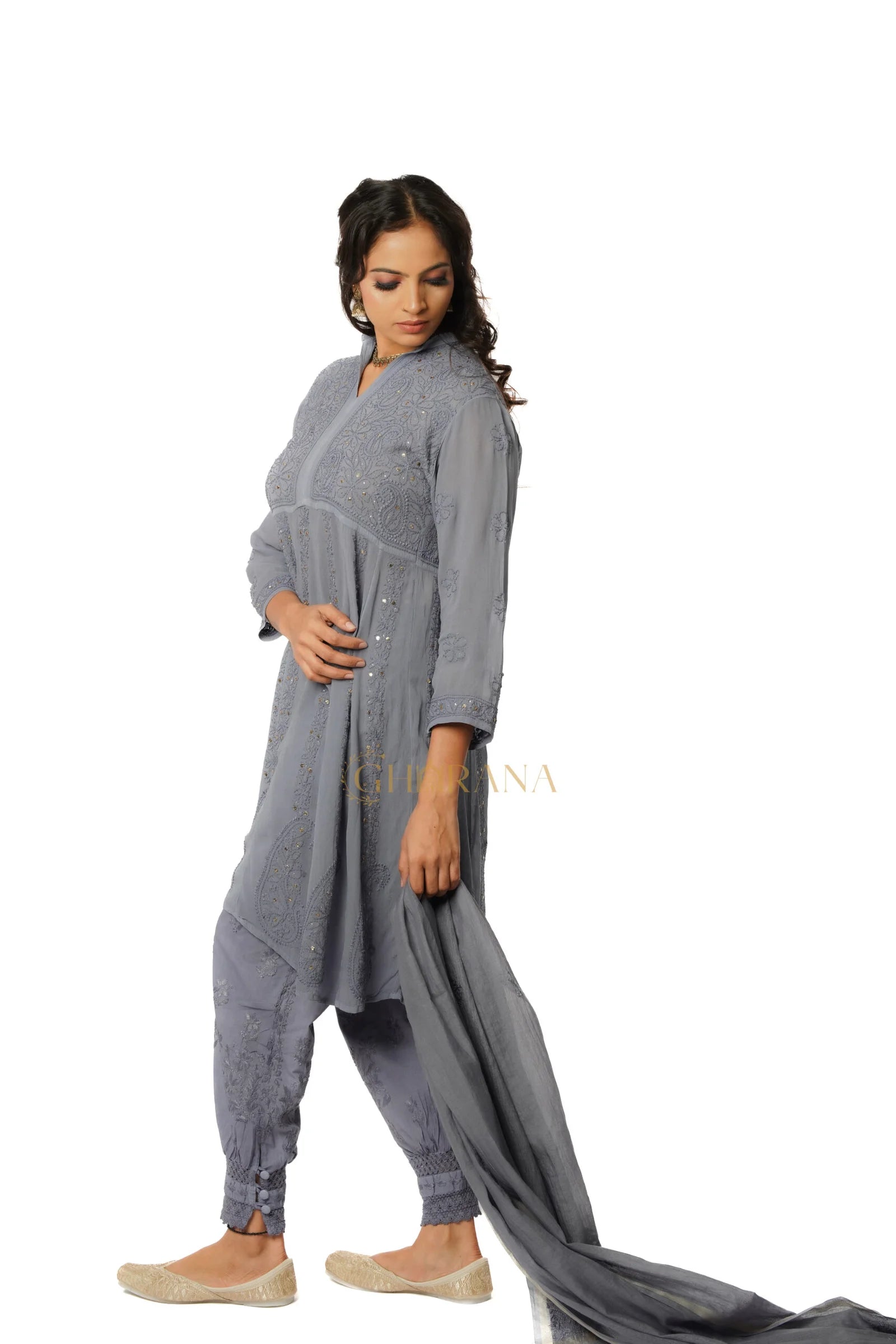 Georgette Chikankari Kurta with Afgani Pant and Dupatta – Grey Gharana