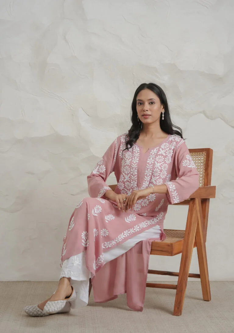 Myra Modal fine cotton chikan kari Kurta – Onion Pink Gharana