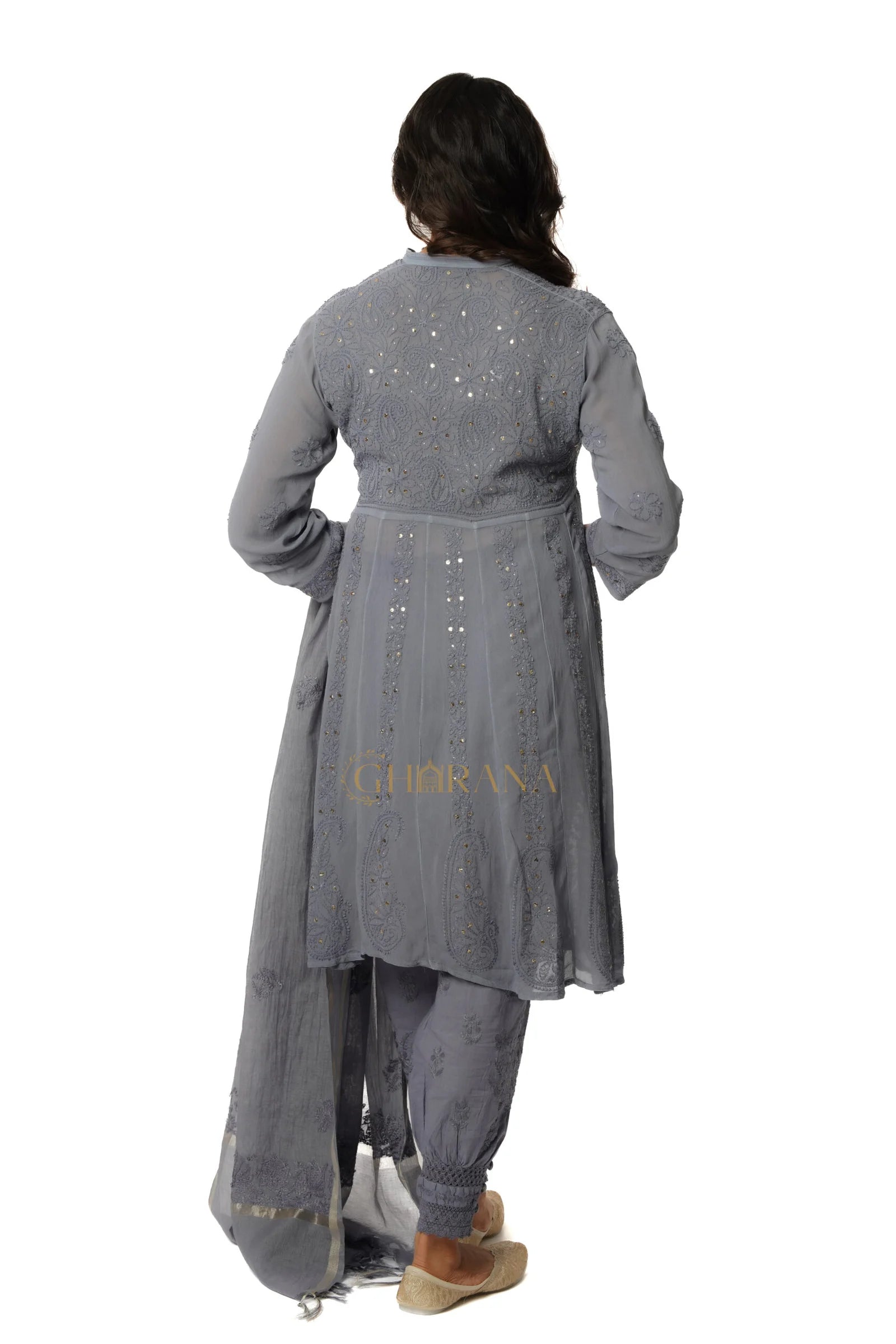 Georgette Chikankari Kurta with Afgani Pant and Dupatta – Grey Gharana