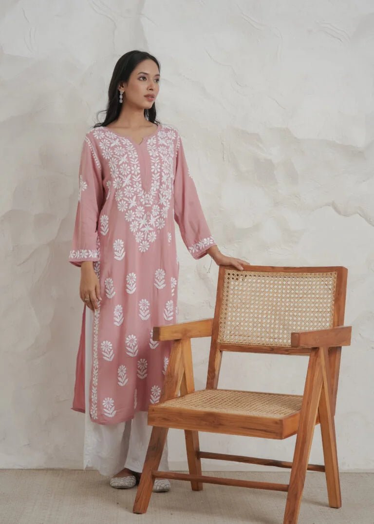 Comfy Myra Modal fine cotton Onion Pink chikan kari Kurta – Gharana India